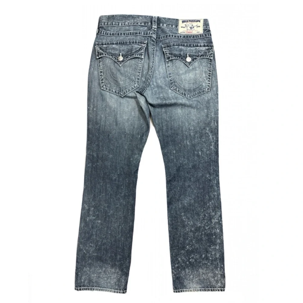 True Religion Jeans Mens 33 Straight Fit Flap Pocket Medium Acid Wash Blue Denim